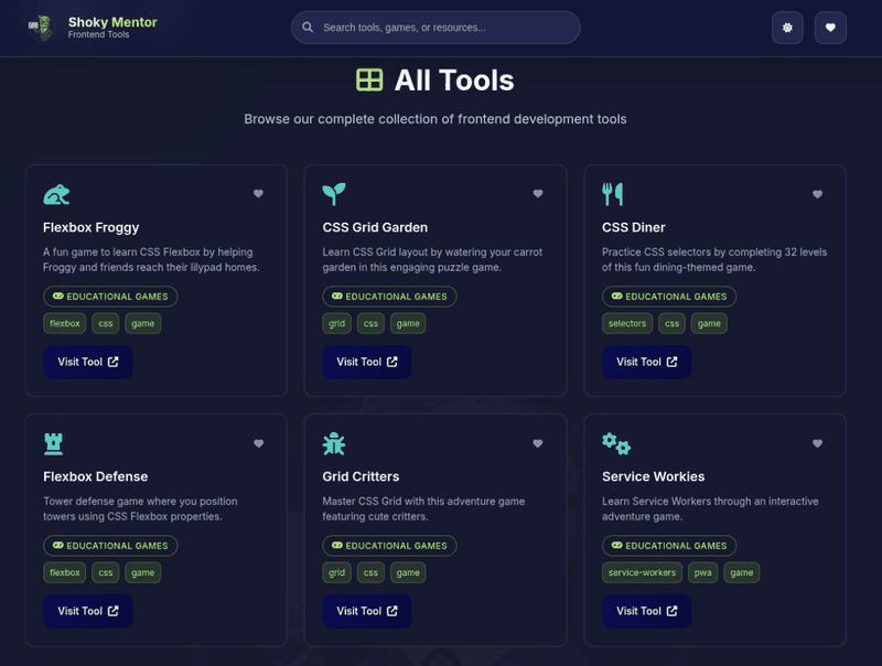 Shoky Mentor — Frontend Tools Hub UI Screenshot